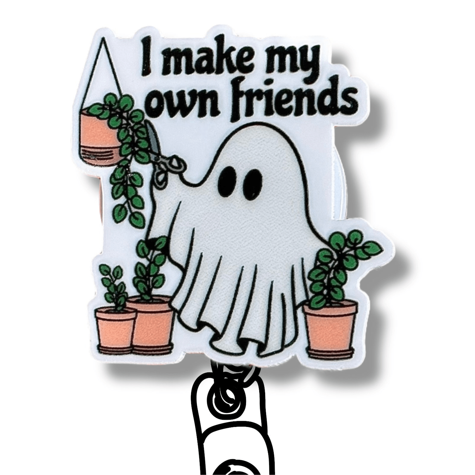 Acrylic Plant Loving Ghost Badge Topper + Reel - | Happie Potato Image 1