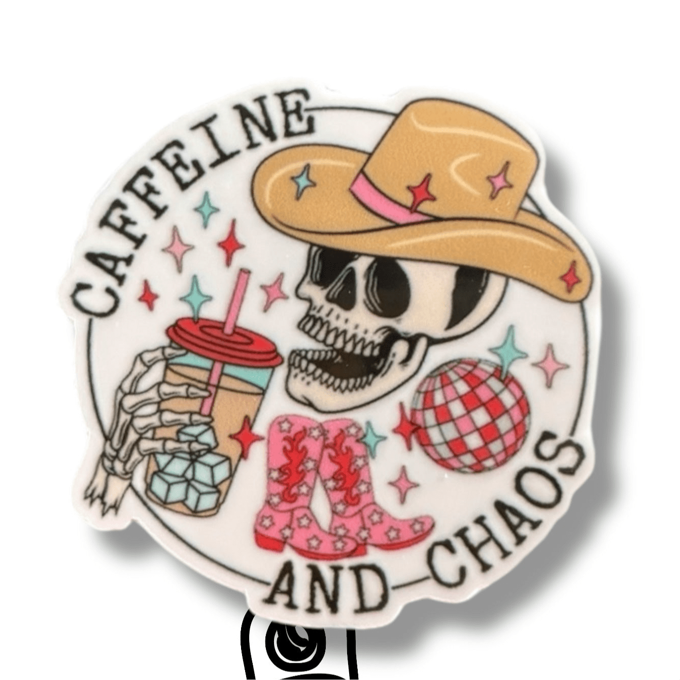 Acrylic Caffeine Chaos Badge Topper + Reel - | Happie Potato Image 1