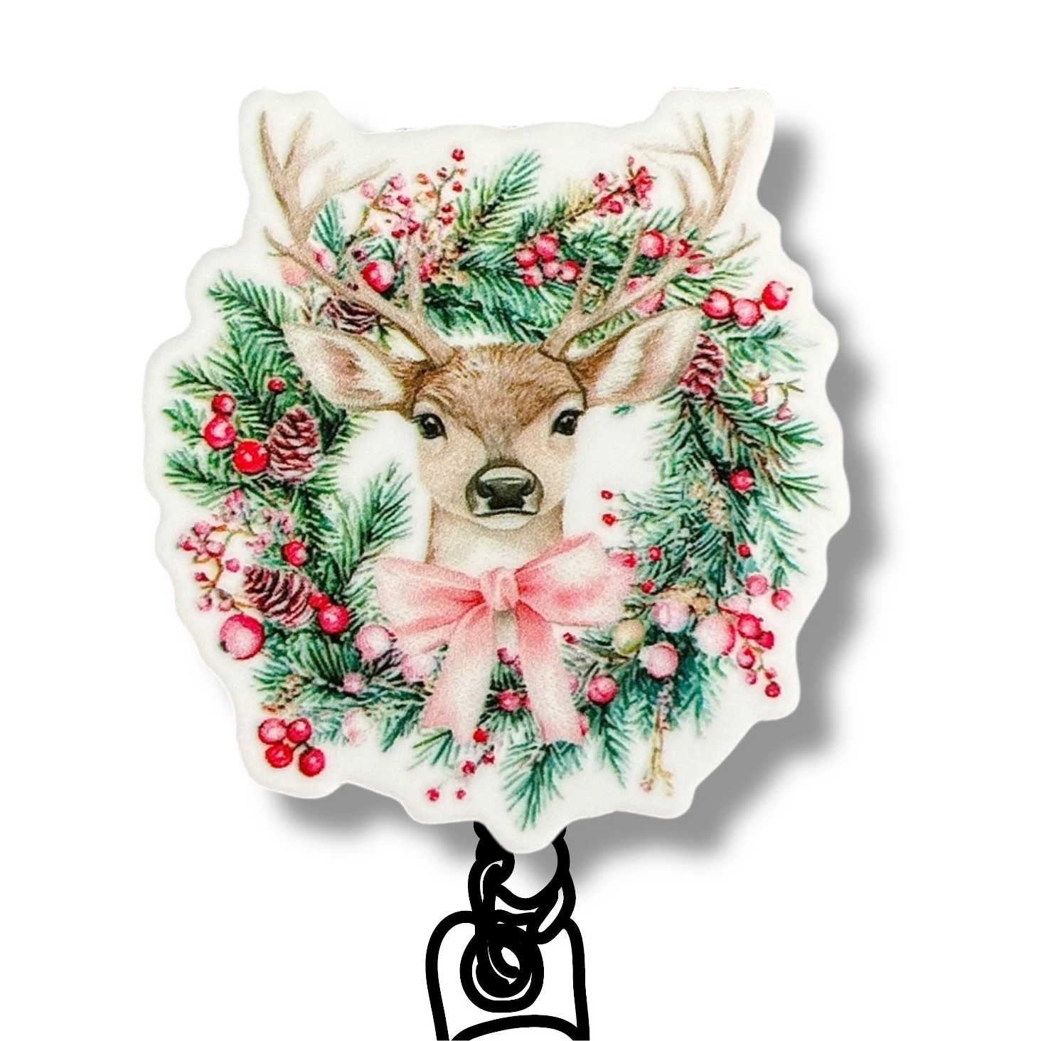 Acrylic Christmas Deer Badge Topper + Reel - | Happie Potato Image 1
