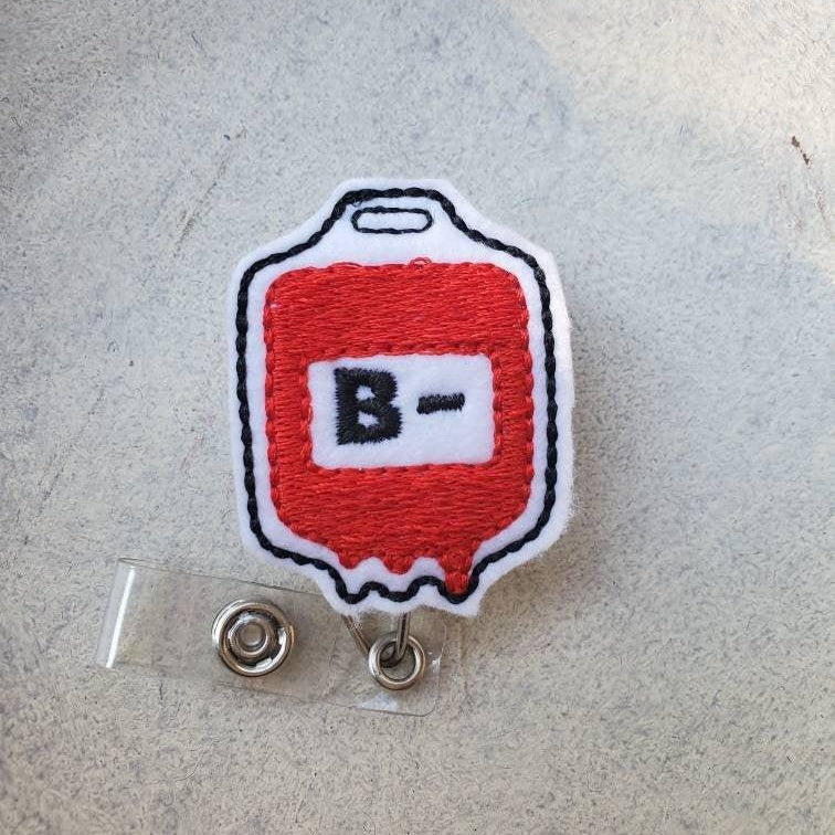 Embroidered B- blood type badge reel topper for nurses and healthcare workers