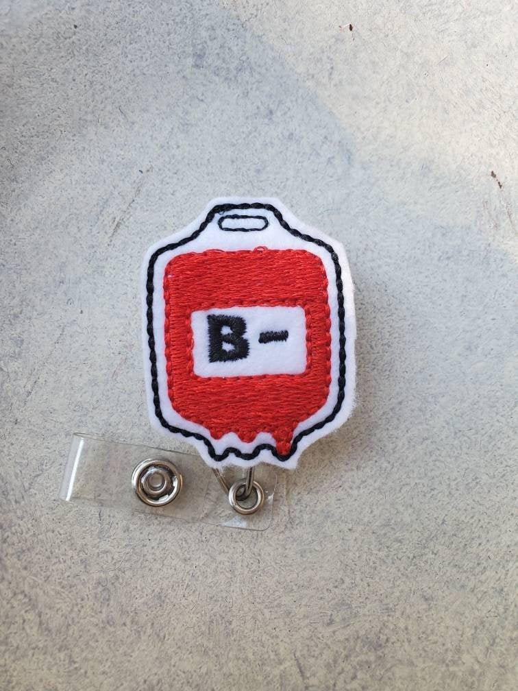 Embroidered B- blood type badge reel topper for nurses and healthcare workers