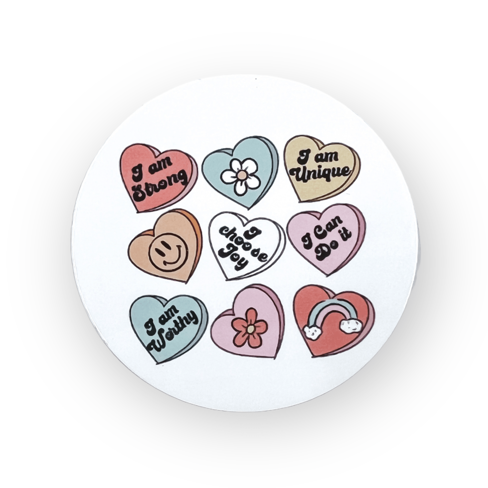 Acrylic Positive Affirmation Conversation Hearts Badge Topper + Reel - | Happie Potato Image 1