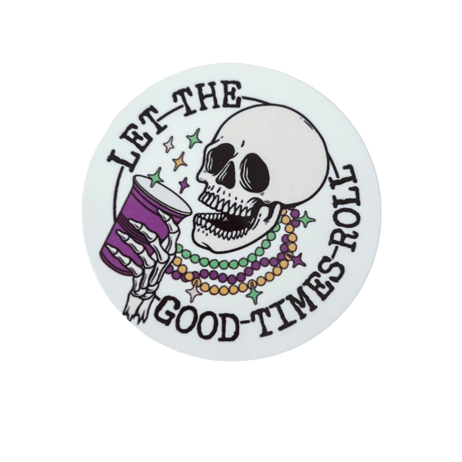 Acrylic Let The Good Times Roll Mardi Gras Badge Topper + Reel - | Happie Potato Image 1