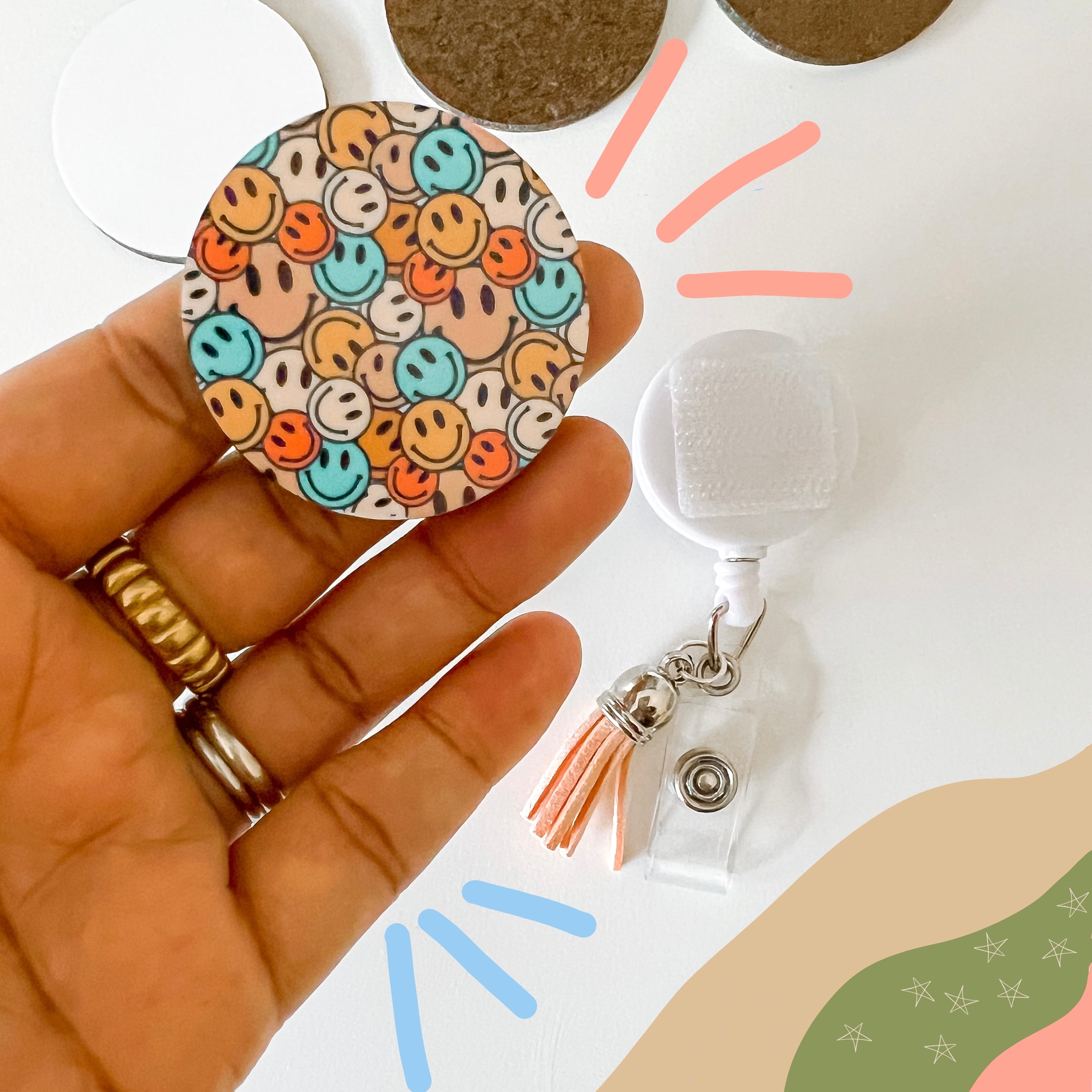 Groovy Smiley Faces Badge Topper + Reel - | Happie Potato Image 3