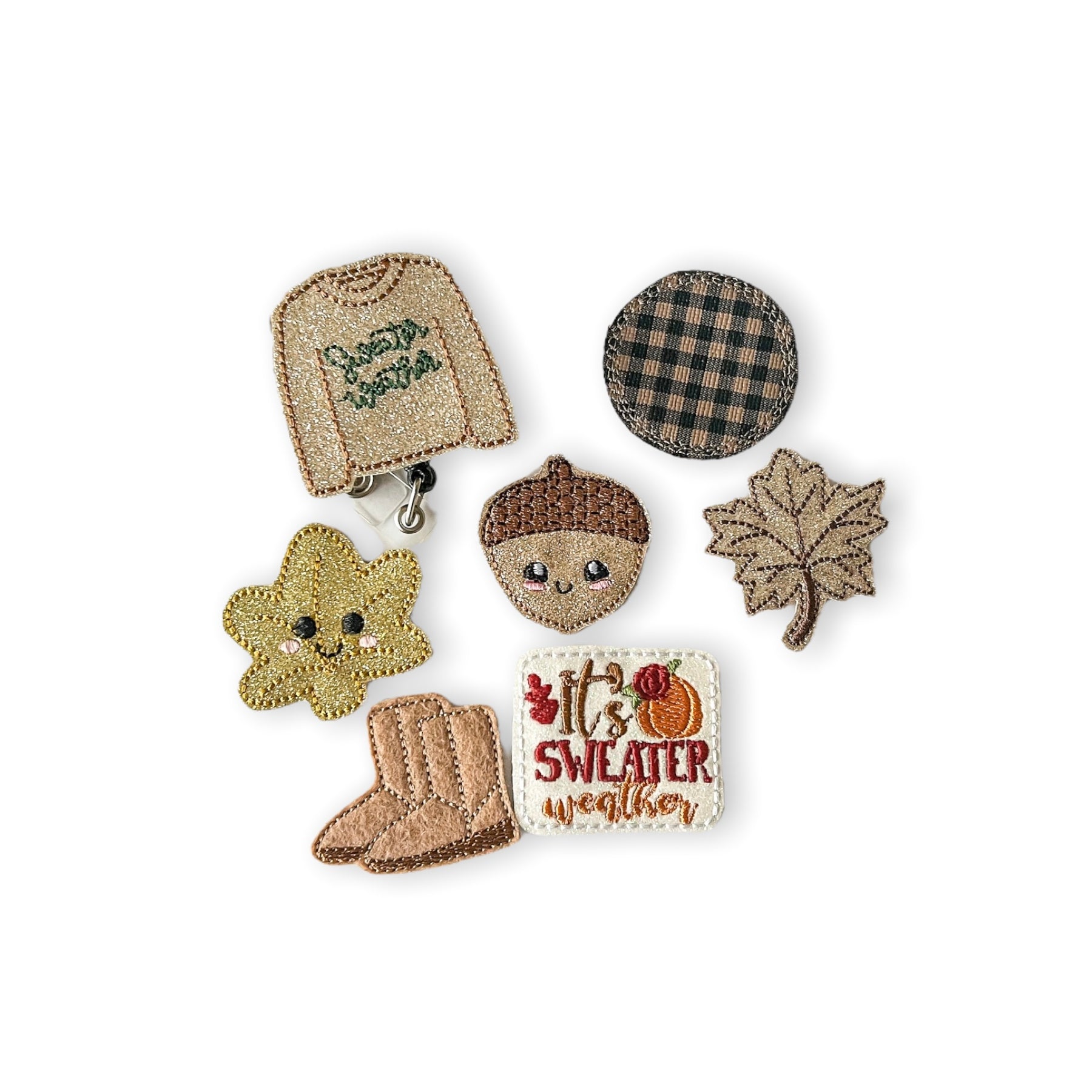 Vinyl Kawaii Fall Leaf Sweater Weather Badge Topper + Reel - | Happie Potato Image 1