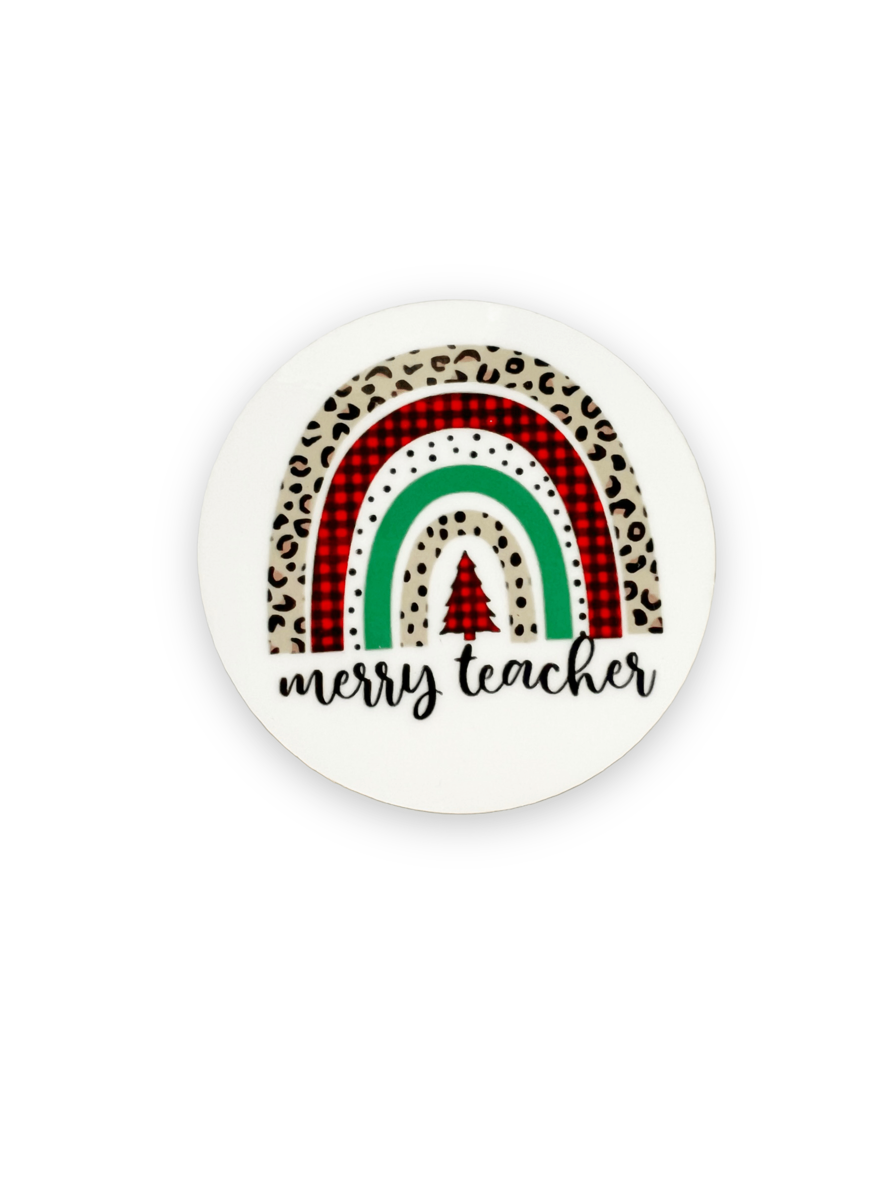 Acrylic Merry Teacher Christmas Rainbows Badge Topper + Reel - | Happie Potato Image 1