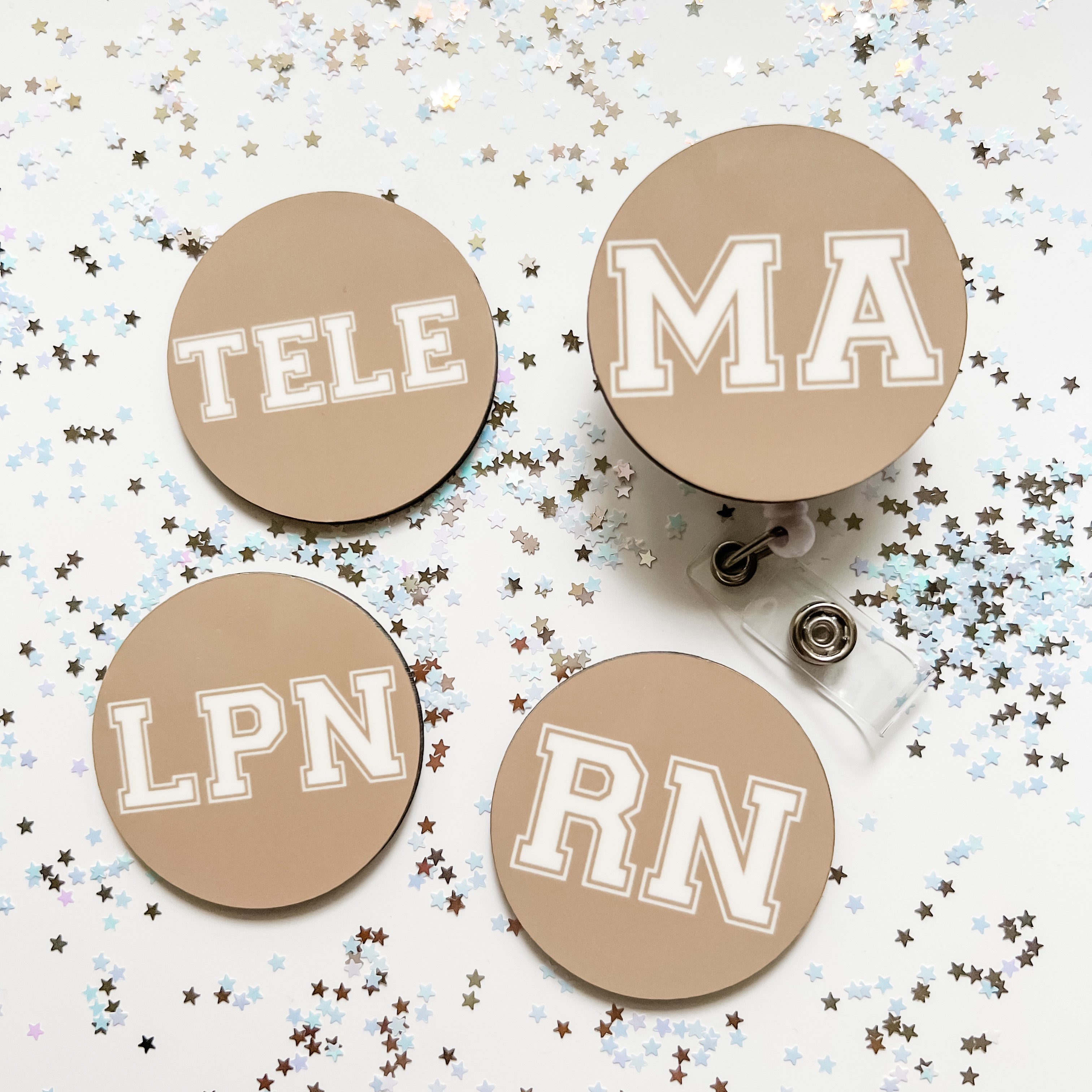 Acrylic Beige Varsity Specialty Nurse Badge Topper + Reel - | Happie Potato Image 2